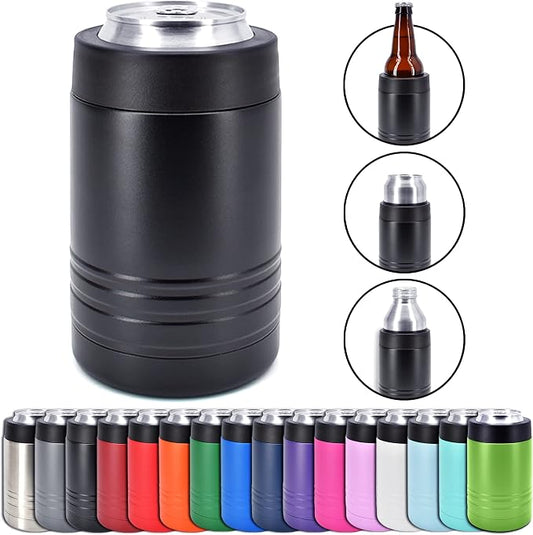 4-in-1 Stainless Steel 12 oz Double Wall Vacuum Insulated Can or Bottle Cooler Keeps Beverage Cold for Hours - Also Fits 16 oz Cans - Powder Coated Black - Clear Water Home Goods