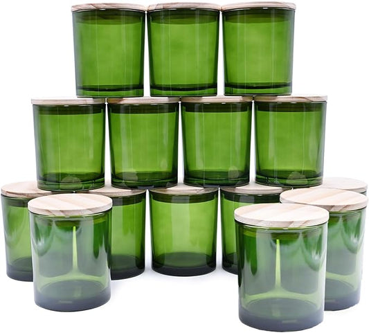10 OZ Thick Candle Jars for Making Candles 15 Pcs, Empty Jars with Wood Lids for Candle Making, Sample Container, Clear Green