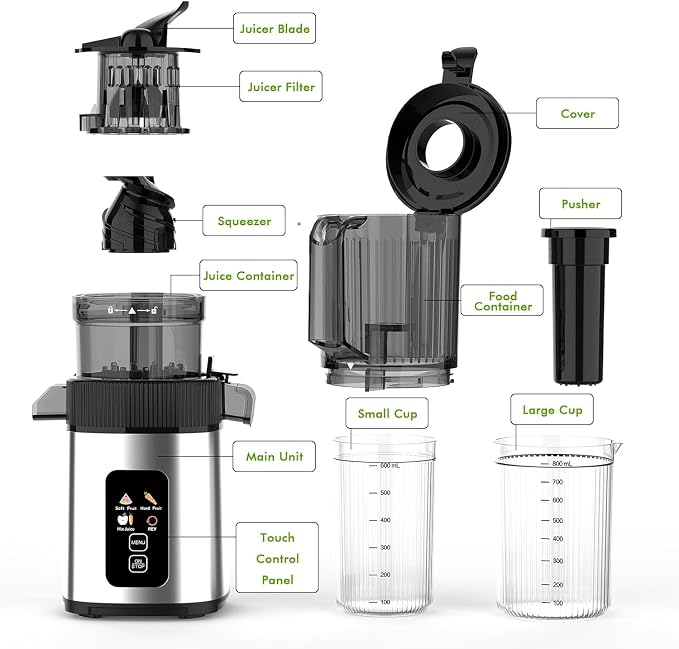 Electactic Slow Juicer Machine with 300W Pure Copper Motor, 4.35-Inch Wide Chute & Reverse Function, Stainless Steel Juicer for Family Daily Use