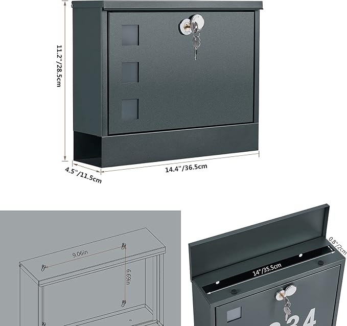 LAND·VOI Locking Mailbox Wall Mounted, Metal Postbox with Three Sets of Mail Box Number Stickers, 4 Keys, 14.4" x 4.5" x 11.2", Large Capacity, Anthracite Gray AMB11G