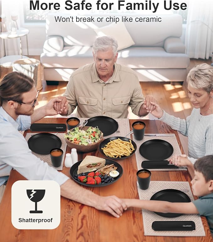 Quatish 32 Piece Plates and Bowls Sets for 8, Unbreakable Dinnerware Sets, Dish Set for Camping, Dishwasher Microwave Safe, Outdoor Kitchen and Apartment Dorm Dinning RV Essentials, Black