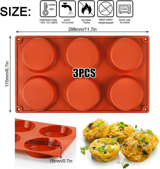 Palksky Silicone Egg Molds for Oven Baking, 3 Pcs 6-Cavity Silicone Egg Bite Molds for Breakfast Sandwiches, Non-Stick 3" Muffin Top Pans/Whoopie Pie Pan