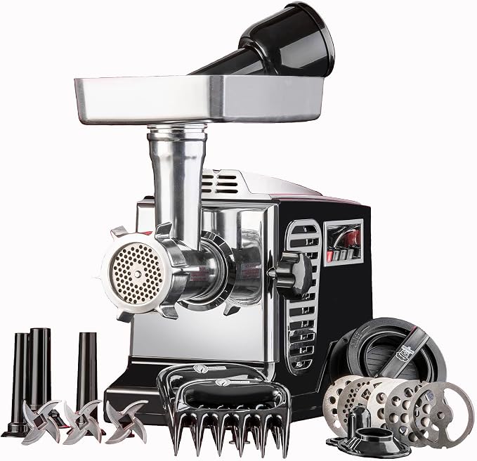 STX Turboforce II "Platinum" Heavy Duty Electric Meat Grinder & Sausage Stuffer: 6 Grinding Plates, 3 S/S Blades, 3 Sausage Tubes, Kubbe, 2 Meat Claws, Burger-Slider Patty Maker - Black