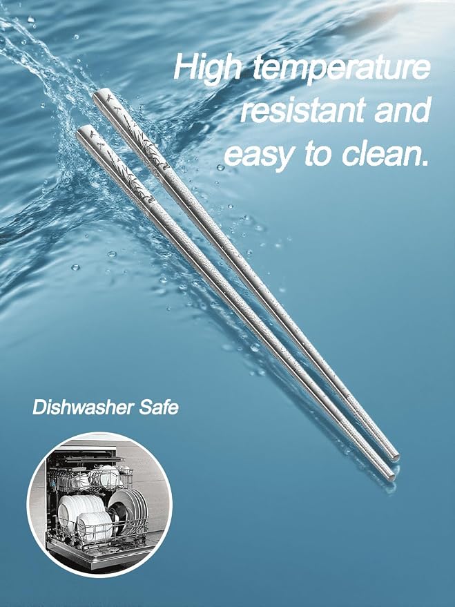 Stainless Steel Chopsticks - Laser-Engraved,Reusable metal chopsticks Non-Slip Tips, Dishwasher Safe Metal Utensils for Sushi, Cooking, Family & Gifts 9.25 Inches (Classic)