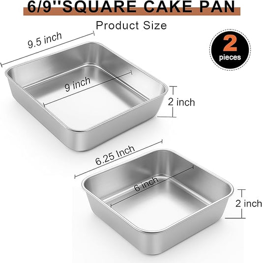 LIANYU 6/9 Inch Square Baking Cake Pan, Stainless Steel Brownie Bread Cake Molds, Square Bakeware for Lasagna Pie, Oven & Dishwasher Safe