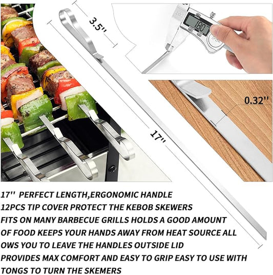 Kabob Skewers 17" Stainless Steel Long BBQ Barbecue Skewers, Flat Metal Kebob Sticks Wide Reusable Grilling Skewers for Meat Chicken,Set of 12 with Storage Bag