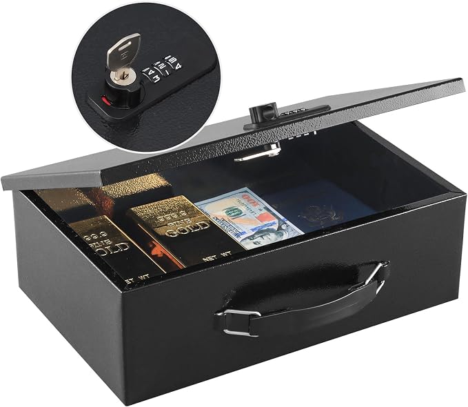 KYODOLED Fireproof Lock Box for Documents, Dual Combination and Key Lock Security with Carrying Handle, Metal Strong Safe Box to Keep Personal Items,Documents, Exterior 12.6" x 8.3" x 3.58", Black