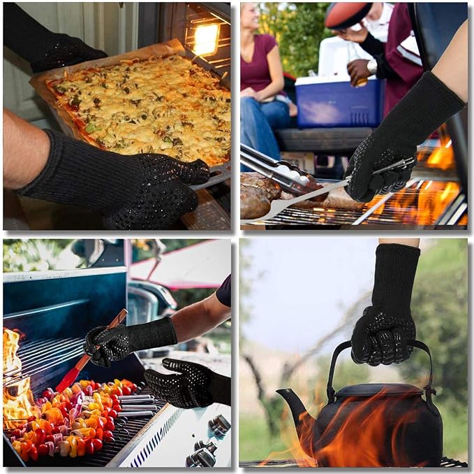 BBQ Grill Gloves, 1472°F Extreme Heat Resistant Grilling Gloves Non-Slip Oven Mitts Potholder, Perfect for Barbecue, Cooking, Baking, 2Pairs (Blue+Black)(13" Length)