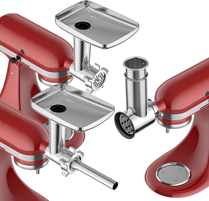 Meat Grinder & Stainless Steel Slicer Shredder Attachment for KitchenAid | Sausage Stuffer, Food Slicer, Shredder, Cheese Grater & Salad Maker, 4 Plates, 4 Blades, Food-Grade Metal, COFUN