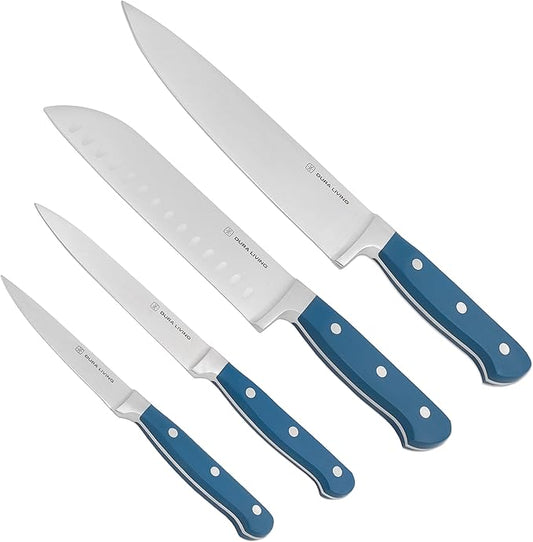 DURA LIVING Chef's Knife Set, 4 Piece Cutlery Knife Set, Superior Forged High Carbon Stainless Steel Ultra Sharp 8 Inch Chef, 7 Inch Santoku, 5 Inch Utility, 3.5 Inch Paring Knives, Royal Blue