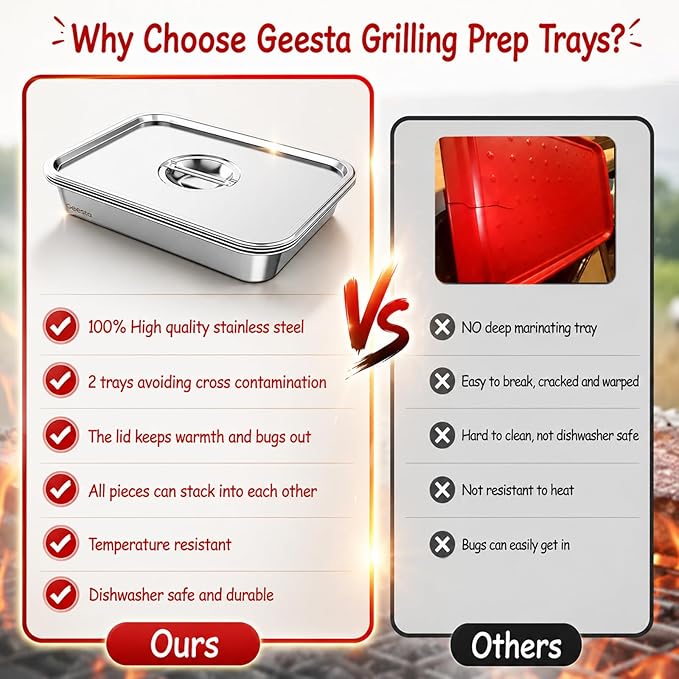 Geesta Grilling Prep and Serve Tays, Stainless Steel Large Capacity Food Prep Tray, Grill Carry System, Marinade Container with Lid and Cutting Board,BBQ Grill Accessories, Grilling Gifts for Men