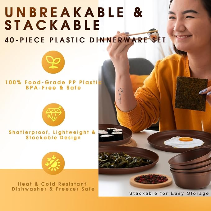 40 Piece Plastic Dinnerware Set for 8 with Cutlery, Unbreakable Plates and Bowls Set, Dishwasher & Microwave Safe Reusable Dish Set for Camping, RV, Outdoor Kitchen, Apartment Dining, Brown