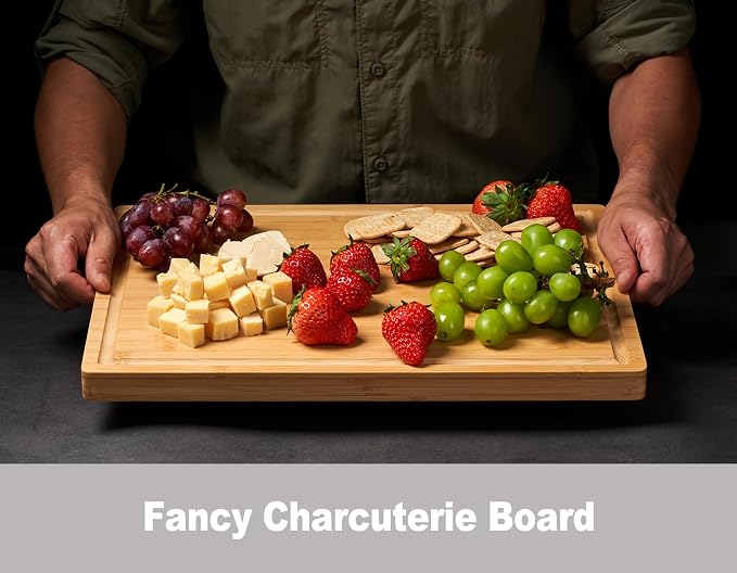 Allsum Large Bamboo Wood Cutting Boards for Kitchen, 1" Extra Thick Butcher Block with Juice Grooves & Handles Resisting to Warping and Cracking, Fancy Charcuterie Boards, 17"L x 12.5"W