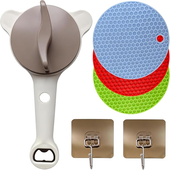 4-in-1 Jar & Bottle Opener for Seniors - Easy Grip | Multi functional & adjustable Ergonomic handle, non-slip grip Stainless, silicone pads Jars, bottles & beer, hooks included