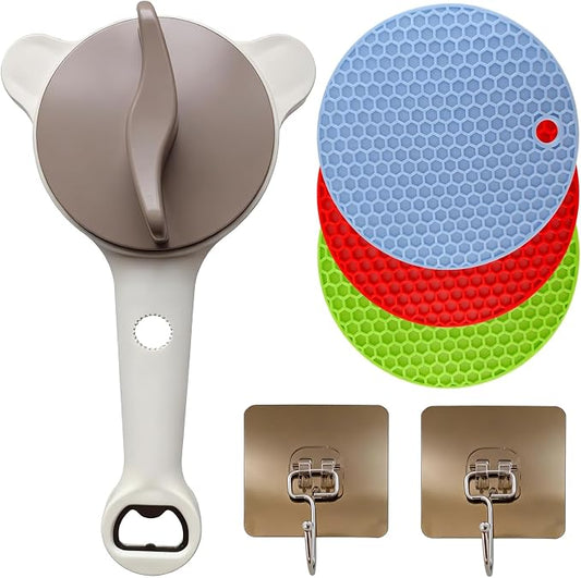4-in-1 Jar & Bottle Opener for Seniors - Easy Grip | Multi functional & adjustable Ergonomic handle, non-slip grip Stainless, silicone pads Jars, bottles & beer, hooks included