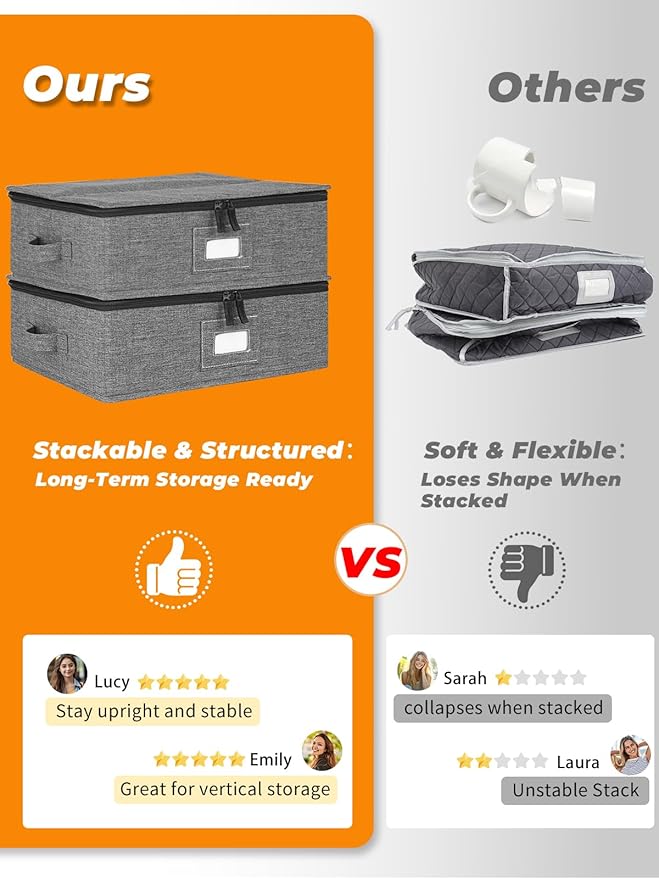 punemi Mug Storage Organizer, 2-Pack Hard Shell Boxes for Packing & Moving | Hard shell sides and bottom with padded dividers for a set of 12 mugs or tea cups; stackable for packing and moving