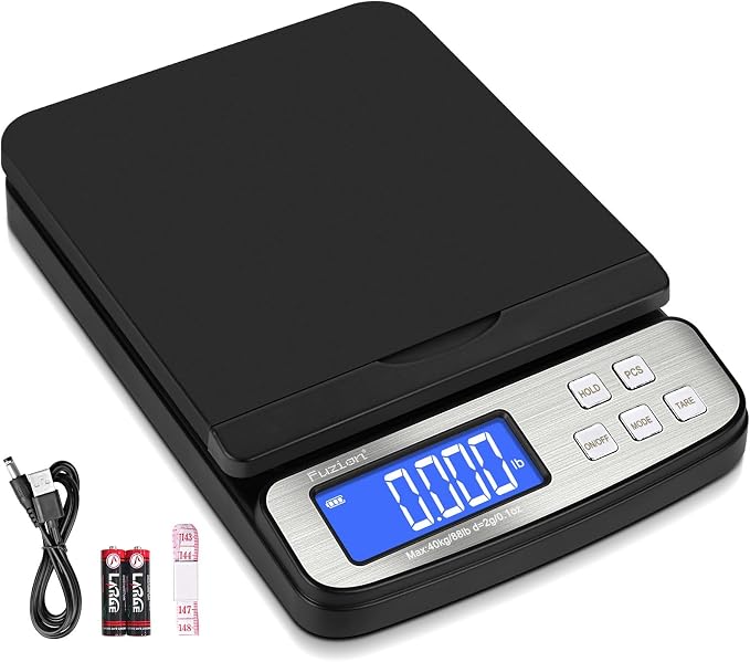Fuzion Shipping Scale - Digital Postal Scale 88lb x 0.1oz, Flip-up Platform | All-in-1 Postal Scale, Large Display, Hold/Tare/PCS Counting, Easy Calibration, 5 Units, Scale for Packages, Small Business