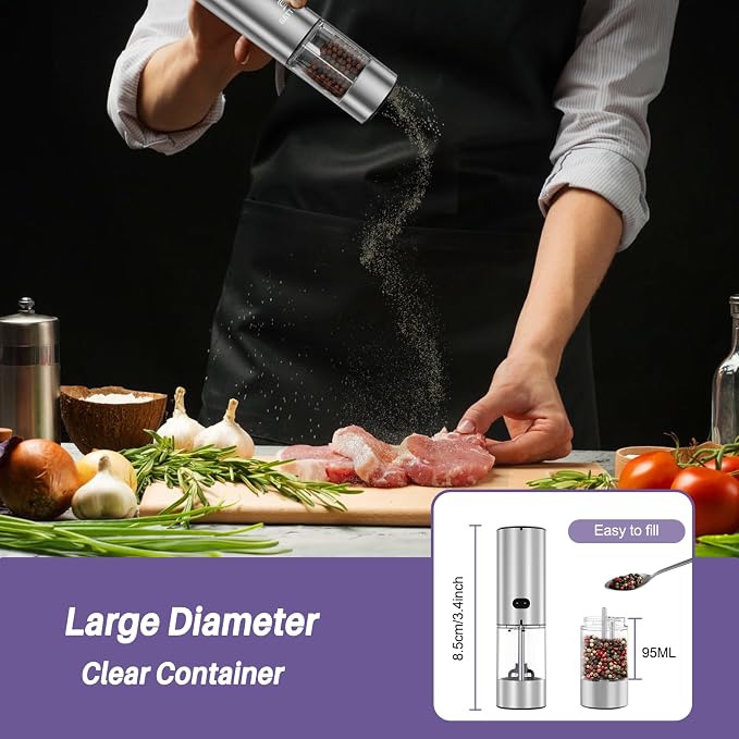 Electric Salt and Pepper Grinder Set, Automatic Pepper Mill Grinder w/Upgraded Charge Base and LED Light,Adjustable Coarseness,Rechargeable Black Peppercorn & Sea Salt Spice Mill Set