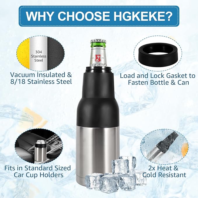 12oz Universal Beer Bottle Holder Double Walled SS Beer Can Cooler | 3 in 1 Can Koozie with Beer Opener Vacuum Insulated - fit Fishing, Camping Outdoor Activities and Nice Gift for Men(Silver)