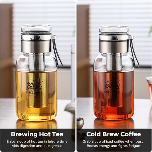 Glass Cold Brew Coffee Maker with Extended Fine Mesh Filter, Tea Infuser Bottle Iced Coffee Maker with Thick Borosilicate Glass (750ml/24oz)