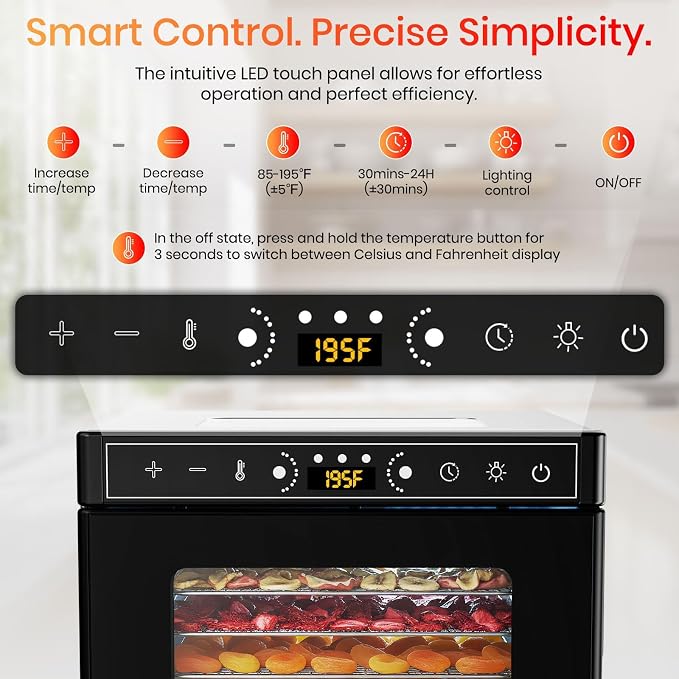 8-Tray Food Dehydrator, 400W, Stainless Steel, 195°F & 24H Time Control | Visible Window Built-in Lighting Stainless Steel