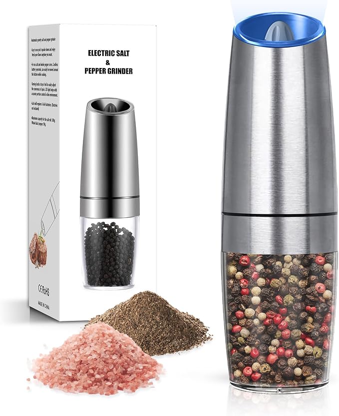 Battery Operated Salt And Pepper Grinder with LED Light, Automatic Electric Gravity Salt And Pepper Shakers, Each 6 AAA Batteries Needed, Adjustable Roughness, 1 Pack (Silver)
