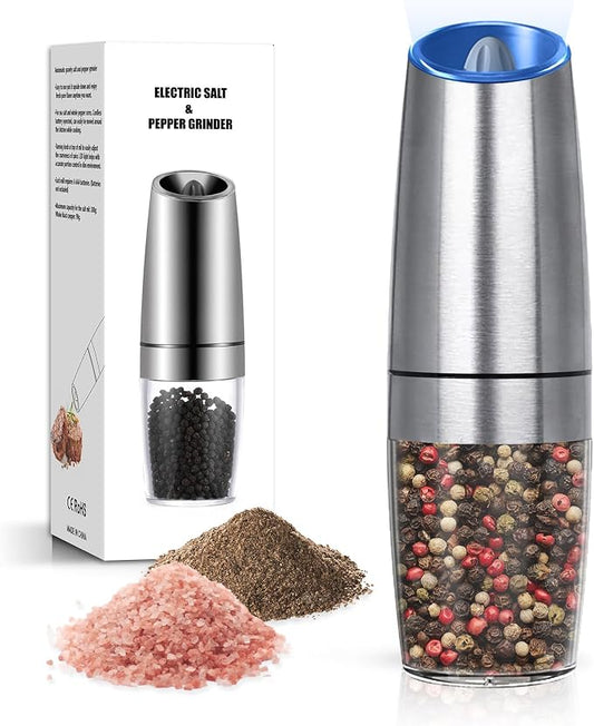 Battery Operated Salt And Pepper Grinder with LED Light, Automatic Electric Gravity Salt And Pepper Shakers, Each 6 AAA Batteries Needed, Adjustable Roughness, 1 Pack (Silver)