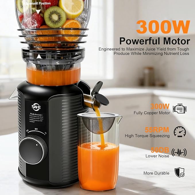 5ive Cold Press Juicer, 5.8 Inch Wide Chute Slow Masticating Extractor | 1.7 L Slow Juice Extractor for Whole Fruits Veggies, Easy Clean Electric Maker with Recipe Guide, Rate of 99% juice