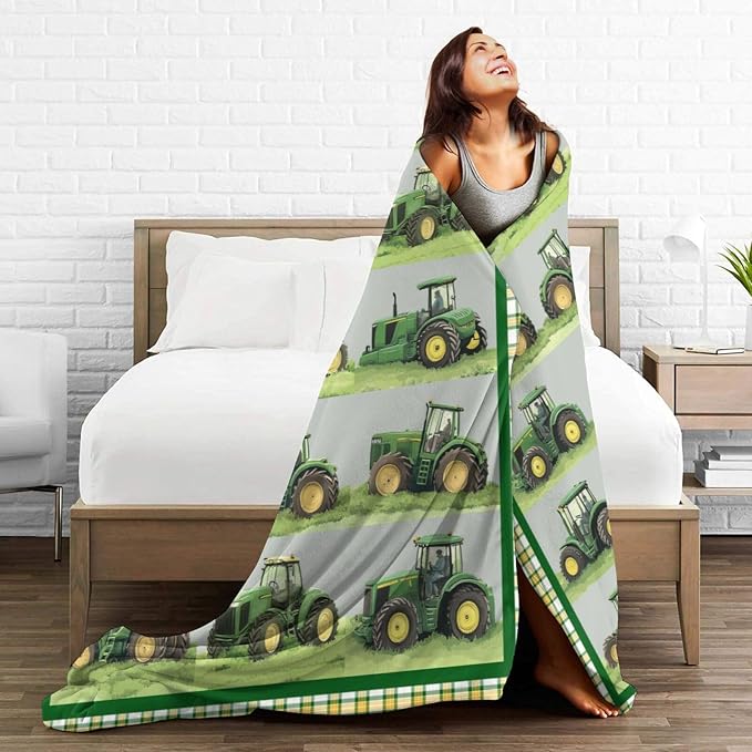 Truck Blanket Soft Cozy Green Truck Plush Throw Blanket Warm Equipment Tractor Flannel Fleece Bedding Stuff Decor Blanket Gifts for Lover Teens Kids Girls Boys Women Adults Bed Travel 60"x80"