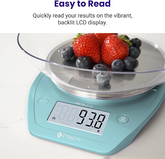 Etekcity Food Kitchen Scale with Bowl, 0.1g, Grams and Ounces | 11lb/5kg capacity with tare, removable bowl, ideal for baking, meal prep and portion control, Stainless Steel, Bright Blue