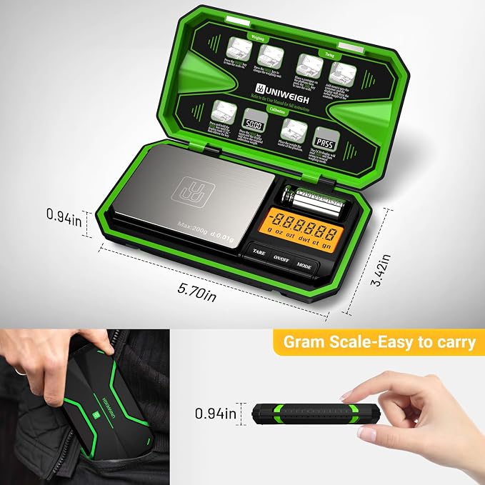UNIWEIGH Digital Pocket Scale 200g/0.01g, Digital Scale Grams Precision | Jewelry Scale,Coins Scale with 50g Cal Weights for Powder,small items,Tea,Jewelry,Coins (Battery Included)-Fluorescent Green