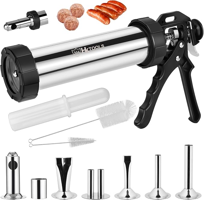 5rd Gen 2.5 LB Jerky Gun Kits, Jerky Maker Gun, Meatball Maker, Stainless Steel Sausage Stuffer Jerky Making Gun with 6 Stainless Nozzles, 2 Cleaning Brushes, 1 Stomper, Gifts for Women Men