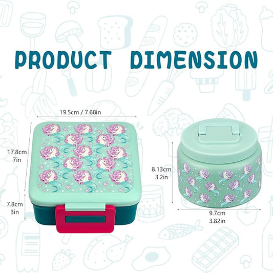 Bento Lunch Box for Kids with 8oz Soup Thermo,Leak-Proof Lunch Containers with 5 Compartment,Thermo Food Jar Food Containers for School (Blue-Unicorn)