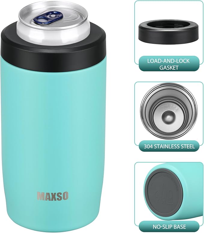 MAXSO Slim Can Cooler, 4-in-1 Double Walled Stainless Steel Insulated Beer Can Holder, Works With All 12 Oz Cans,Bottles & As A Pint Cups - Turquoise