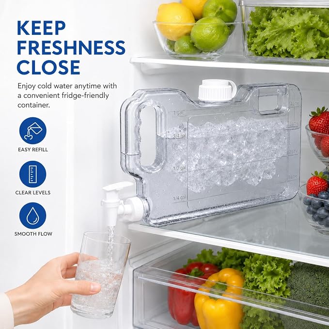 Fridge Water Dispenser with Leak-Proof Spigot, Reusable Refrigerator Drink Dispenser with Handle, Water Jug Beverage Container for Iced Tea, Juice, Lemonade, Party and Daily Use (2, 1.1 Gallon)