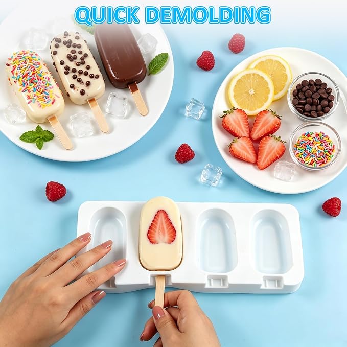 3 Pack Popsicles Molds, Silicone Popsicle Molds 4 Cavities Homemade Ice Cream Largre Oval Cake Pop Mold with 100 Wooden Sticks for DIY Pop,Cakesicles, Cake Pops