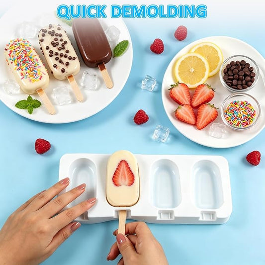 3 Pack Popsicles Molds, Silicone Popsicle Molds 4 Cavities Homemade Ice Cream Largre Oval Cake Pop Mold with 100 Wooden Sticks for DIY Pop,Cakesicles, Cake Pops