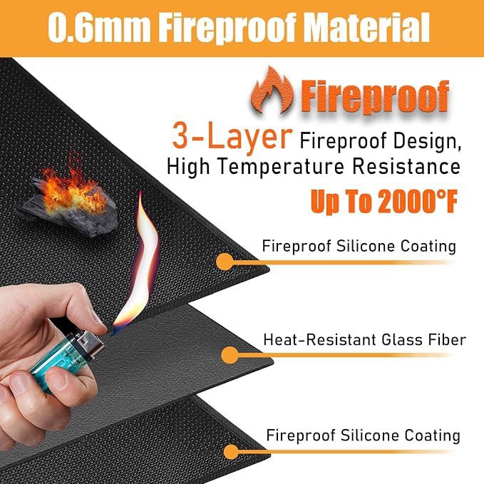 Heat Resistant Mats for Countertop fits Tabletop Grill, 48x24x0.02in, Black | 1022℉ Fireproof grill mat for countertop/table protection, fits gas/charcoal grills, pizza ovens, fits Blackstone & Ninja