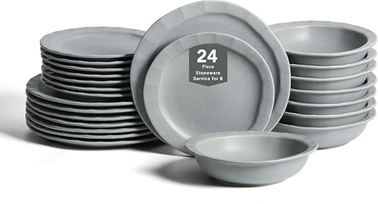 Stone Lain Oasis 24-Piece Dinnerware Set Stoneware, Dishwasher and Microwave Safe Plates and Bowls Set, Dish Set for 8, Grey Blue