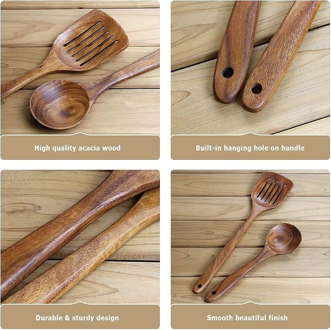 Wooden Spatulas Set of 2, Acacia Wood Rice Paddle with Slotted Design for Nonstick Cookware