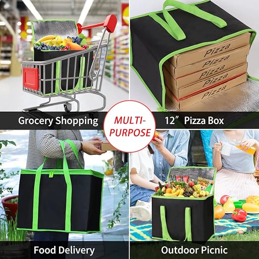 2-Pack Insulated Reusable Grocery Shopping Bag, X-Large, Black-Green | Insulated Food Delivery Bag, Commercial Catering Food Warmer, Tote Cooler Bag, Heavy Duty, Thermal/Frozen Food Storage Picnic
