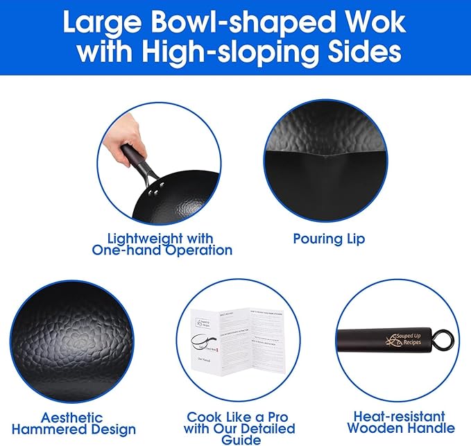 Souped Up Recipes 12.5 Inch Carbon Steel Wok For Electric, Induction and Gas Stoves (Lid, Spatula and User Guide Video Included)