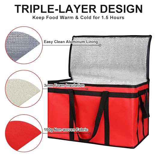 1PK Insulated Food Delivery Bag, 3X-Large Reusable Grocery Bags, Red | Commercial Food Warmers for Delivery Drivers, Tote Bags for Cooler/Hot Food, Picnic/Travel, Heavy Duty, Catering 23"x14"x15"