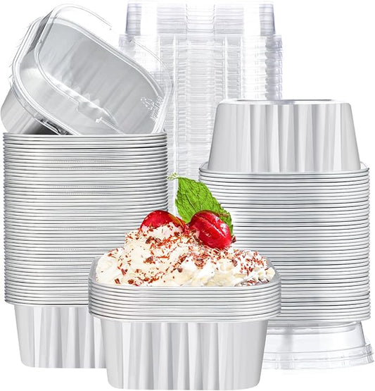 EUSOAR Disposable Ramekins with Lids, Silver 10oz 100pcs Creme Brulee Ramekins Disposable, Muffin Cups for Baking, Mini Cake loaf Bread Containers Pans Cups with Lids for Party Favor Birthday