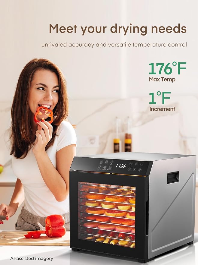 FOHERE Food Dehydrator 1000W 10 Trays with Digital Timer 176 Degrees | Large 9.04 square foot drying space with light. For dog treats, herbs, meat, fruit and yogurt.