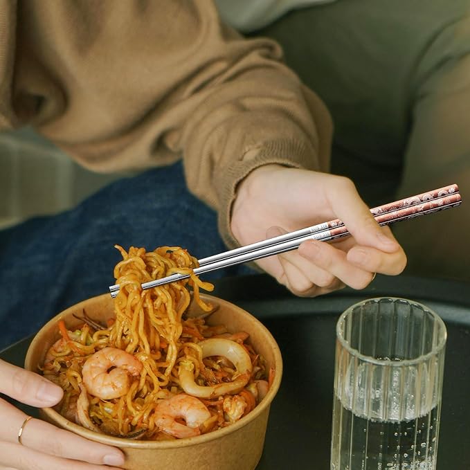 A·HOUSEWARE Copper Dragon Chopsticks Set Stainless Steel 316 Chop Sticks 5 Pairs Reusable Rose Gold Dinning Utensils Tableware Dishwasher Safe and Luxury Gift Box