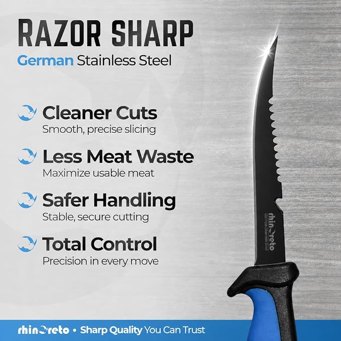 Rhinoreto Bait Knife - Razor Sharp G4116 German Stainless Steel Blade, 5 Inch Professional Filleting & Boning Knife with Non-Slip Handle, Protective Sheath & Sharpener