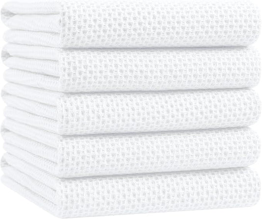 Homaxy 100% Cotton Oversized Waffle Weave Kitchen Towels, 5-Pack, White | 20 x 28 Inches, Ultra Soft Absorbent Dish Towels, Quick Drying Large Cleaning Towels