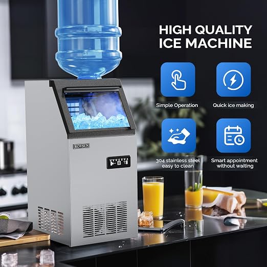 ROVSUN Commercial Ice Maker 150lbs/24h Automatic Built-in Stainless Steel Under Counter/Freestanding Ice Machine for Restaurant Bar with 24lbs Storage, Connection Hoses & Ice Scoop