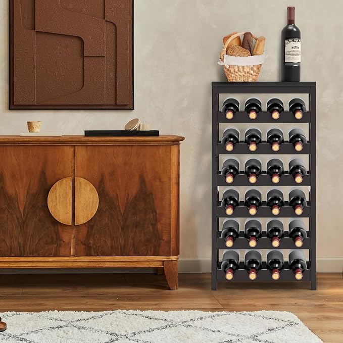Wine Rack Free Standing Floor,6 Tier 24 Bottles Floor Wine Storage Shelves | Bamboo Wine Rack with Table Top,Wine Organizer Shelf for Kitchen Dining Room Bar,Easy-Assembly,Dark Brown